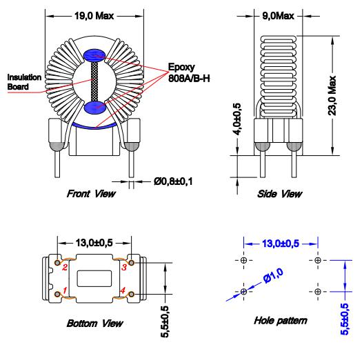 Choke en mode commun 2x3,5mh Évalué: 2,5A, max srf: 1 kHz → 300 MHz